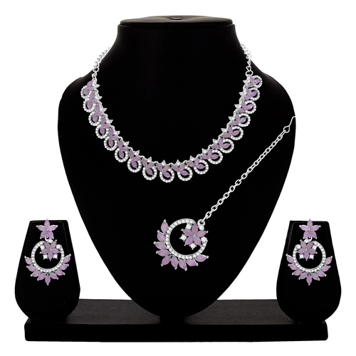 Colorstone Necklace Set - Silver Plated, 21.5cm Necklace, 4.5cm Earrings, 11.5cm Maangtikka | Violet Natural Stones, Channel Setting, Adjustable Size 