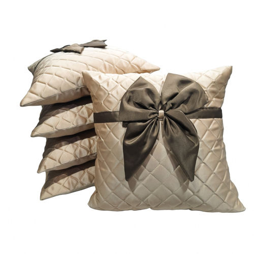 Quilted Designer Cushion Cover, Decorative Hand Made Tie Design Throw/Pillow Cushion Covers - Color: Beige