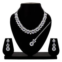 Floral Necklace For Women - Adjustable 19.5x1 Cm, Earring 4x1 Cm, Maangtikka 11.5x1 Cm | Silver Plated, Natural Stone, Perfect For Party & Wedding