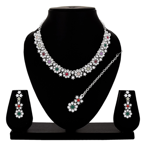 Floral Necklace for Women - Alloy, Necklace Length 19.5 cm, Earring Length 4 cm, Maangtikka Length 11.5 cm, Multicolor | Wedding and Party Jewelry Set, Adjustable Size, Silver Plated