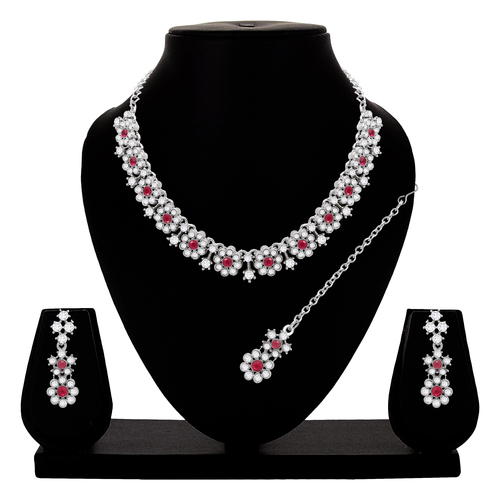 Floral Necklace for Women| Wedding Jewellery| Colorstone Necklace| Silver Plated| Stone Necklace for Women| Gift for Her