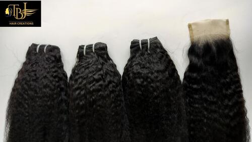 Unprocessed Raw Wholesale Natural Shade Kinky Straight Human Hair Bundles with matching 4x4 Closure