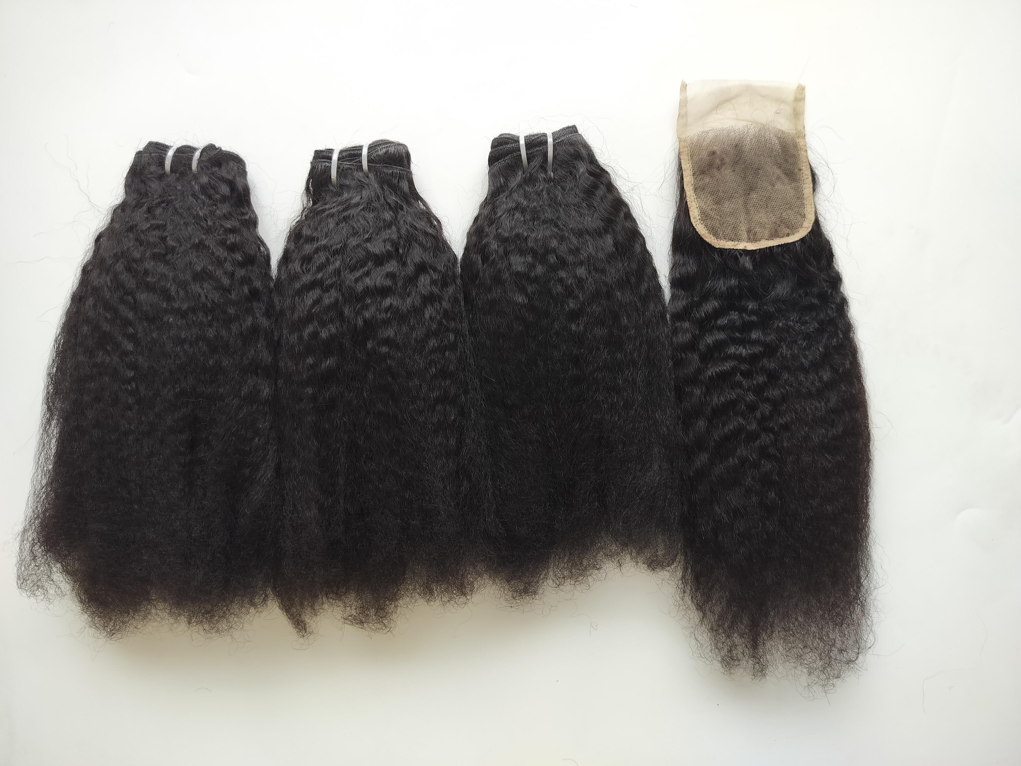 Unprocessed Raw Wholesale Natural Shade Kinky Straight Human Hair Bundles with matching 4x4 Closure