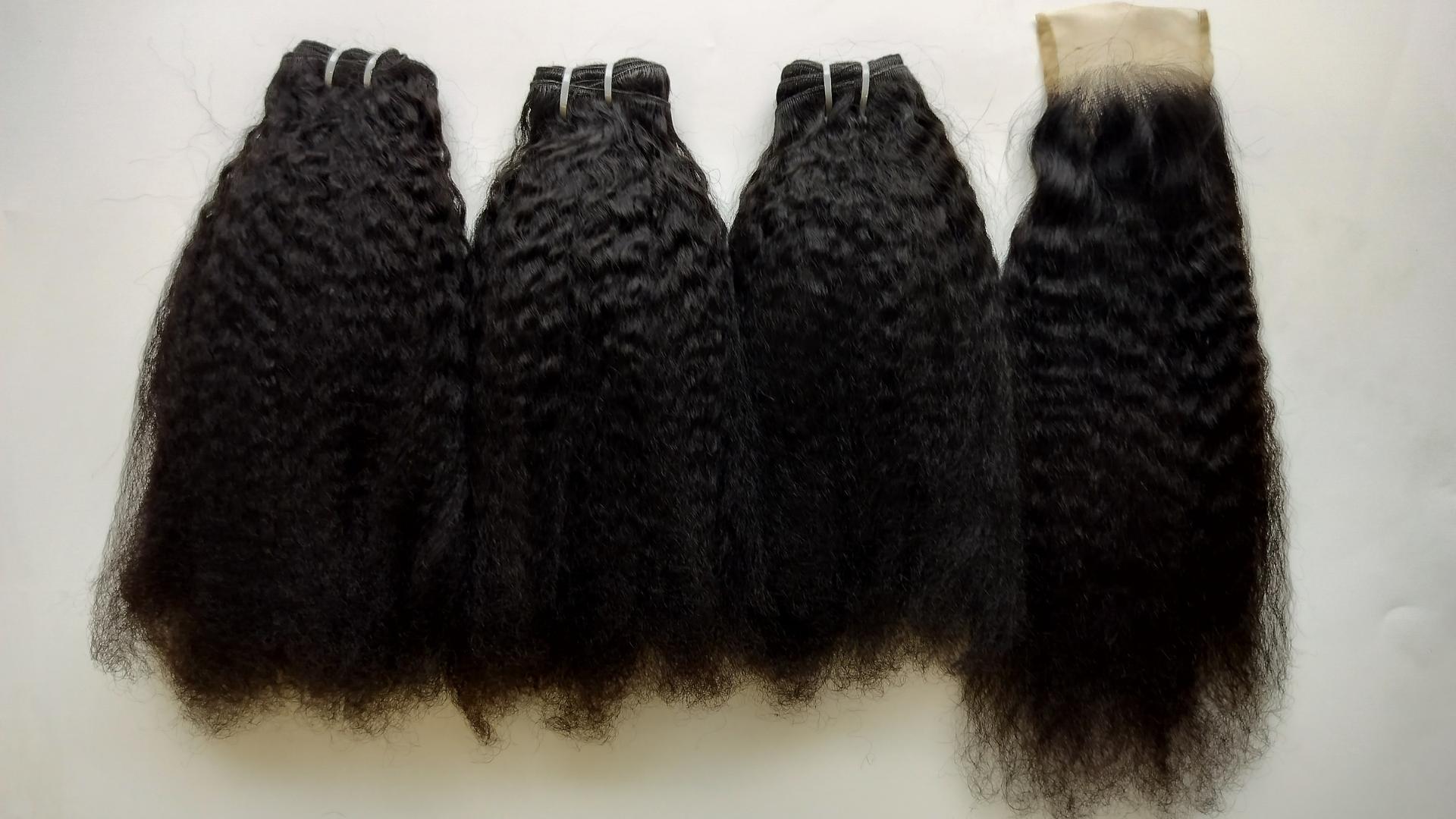 Unprocessed Raw Wholesale Natural Shade Kinky Straight Human Hair Bundles with matching 4x4 Closure