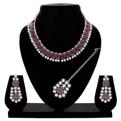 Traditional Jewellery Set| Colorstone Necklace| Wedding Jewellery| Silver Plated |Stone Necklace For Women| Gift For Her - Color: Rani Pink