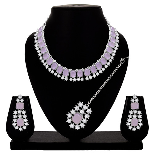 Traditional Jewellery Set - Silver Plated, 22.5cm Necklace, 5cm Earrings, 11cm Maangtikka | Violet Stones, Adjustable, Party & Wedding Accessory