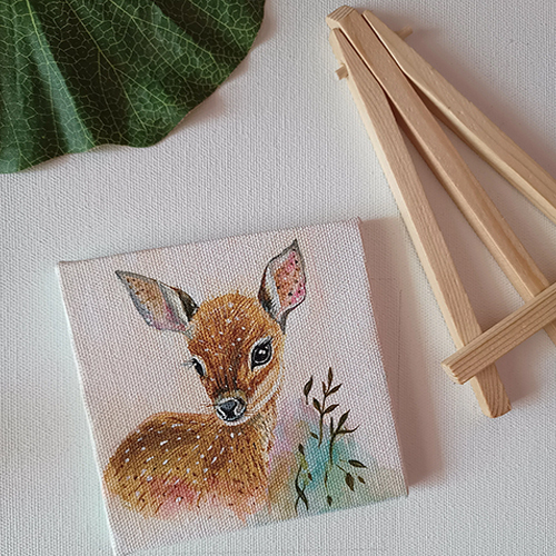 Hand Painted Deer Mini Canvas Painting with Stand