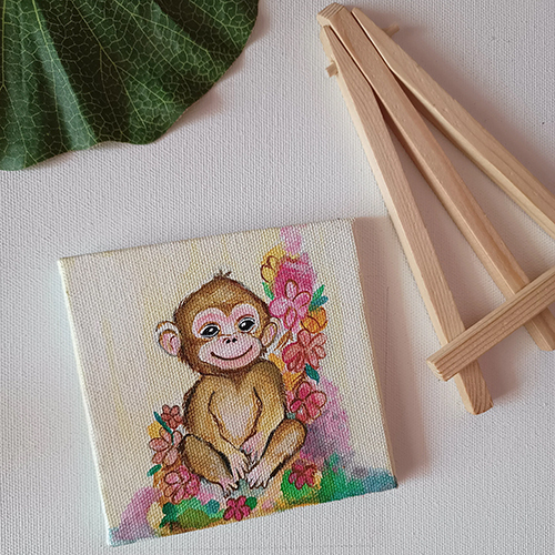 Hand Painted Cute Monkey Mini Canvas with Stand