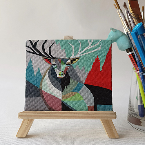 Hand Crafted Abstract Deer Modern Mini Canvas Painted With Stand