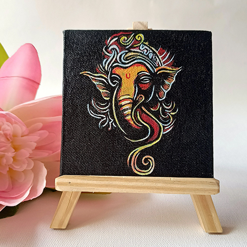 Hand Ganesh Ji Mini Canvas Painted With Stand