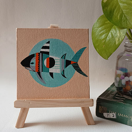 Abstract Fish Mini Canvas Painting With Stand - Style: Modernism