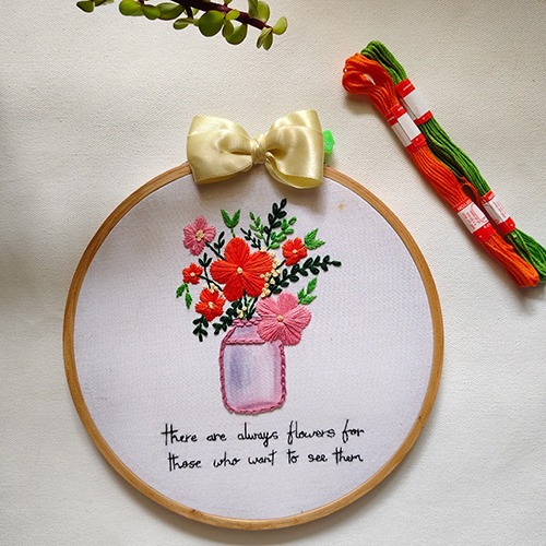 Quotes Embroidery Handcrafted Hoop Flower Vase Art