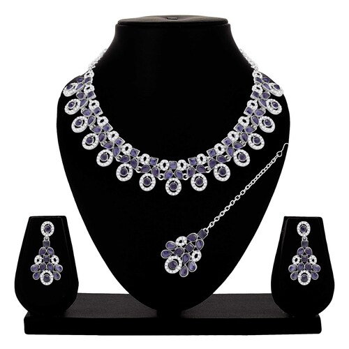Colorstone Stone Necklace Set - Alloy Necklace 22x2.5 cm Earrings 5x2.5 cm Maangtikka 11.5x2.5 cm Blue Silver Plated Adjustable | Perfect for Weddings Parties Engagements and Anniversaries