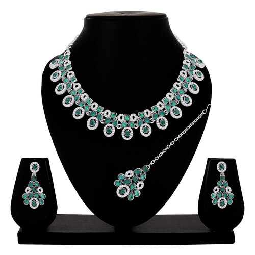 Colorstone Jewelry Set - Alloy Material, Necklace 22x2.5 cm, Earring 5x2.5 cm, Maangtikka 11.5x2.5 cm | Elegant Green Stones, Silver Plated, Adjustable Size, Perfect for Weddings and Parties