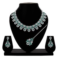 Colorstone Jewelry Set - Alloy Material, Necklace 22x2.5 Cm, Earring 5x2.5 Cm, Maangtikka 11.5x2.5 Cm | Elegant Green Stones, Silver Plated, Adjustable Size, Perfect For Weddings And Parties