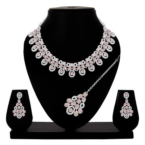 Colorstone Stone Necklace - Alloy Material, Necklace Length 22 cm, Earring Length 5 cm, Maangtikka Length 11.5 cm | Light Pink, Adjustable, Silver Plated