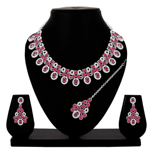 Colorstone Stone Necklace - Alloy Necklace Length 22 cm Width 2.5 cm | Pink Polished Stones Silver Plated Perfect for Parties and Weddings