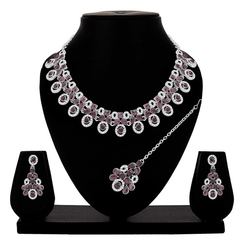 Colorstone Stone Necklace - Alloy, Necklace 22x2.5 cm, Earrings 5x2.5 cm, Maangtikka 11.5x2.5 cm | Rani Pink, Silver Plated, Adjustable, Elegant for Weddings and Parties