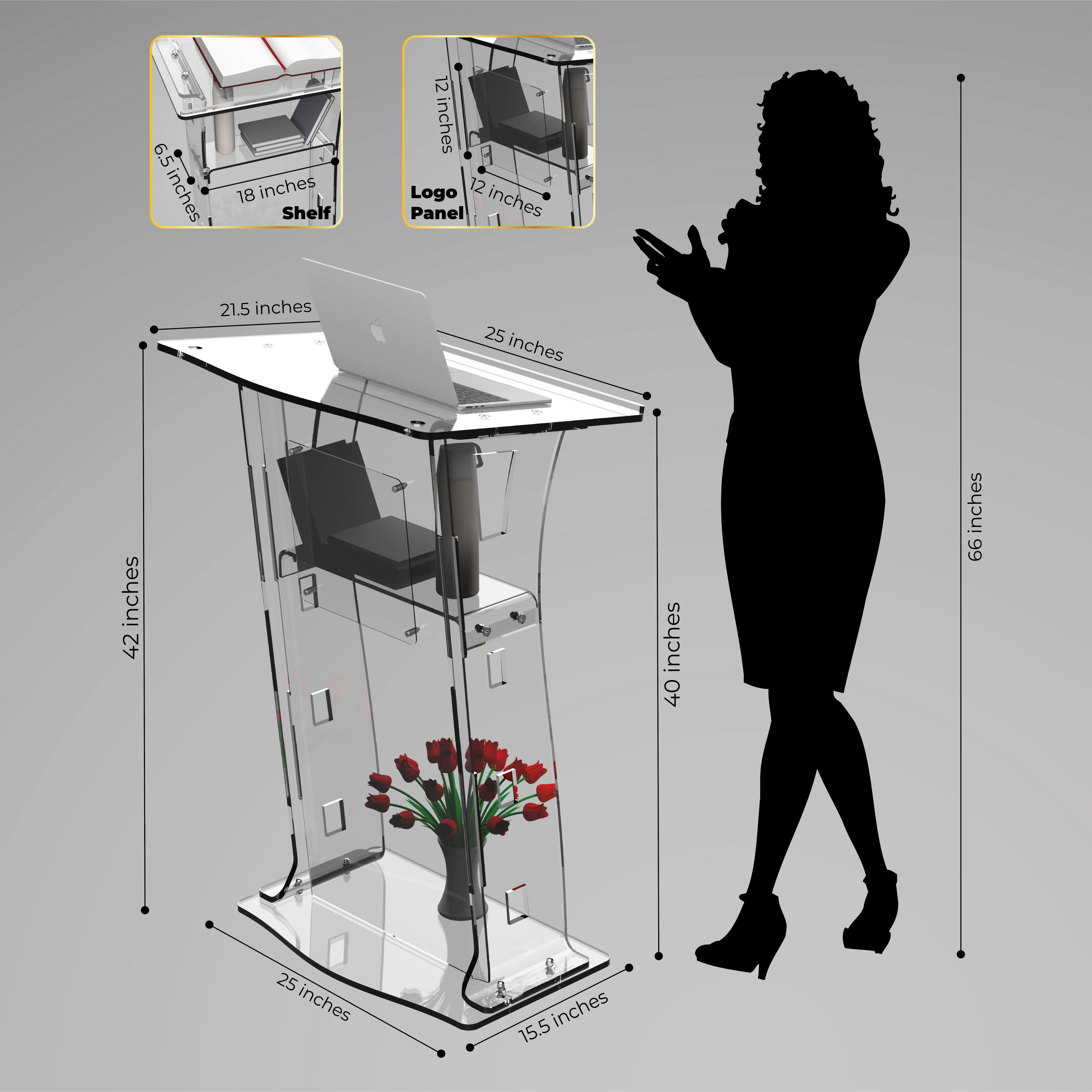 Classic Concepts CCP062 Acrylic Podium Frosted Look Front Panel with Clear Side Pillars