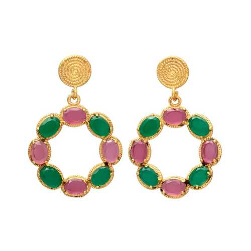 New Arrival Emerald and Pink Tourmaline Hydro Gemstone Circle Drop Earrings