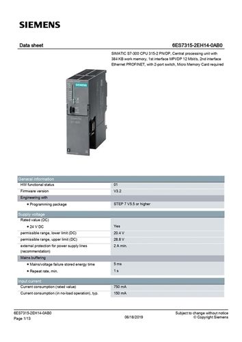 6es7315-2eh14-0ab0 Simatic S7-300 Cpu 315-2 Pn/Dp, Central Processing Unit