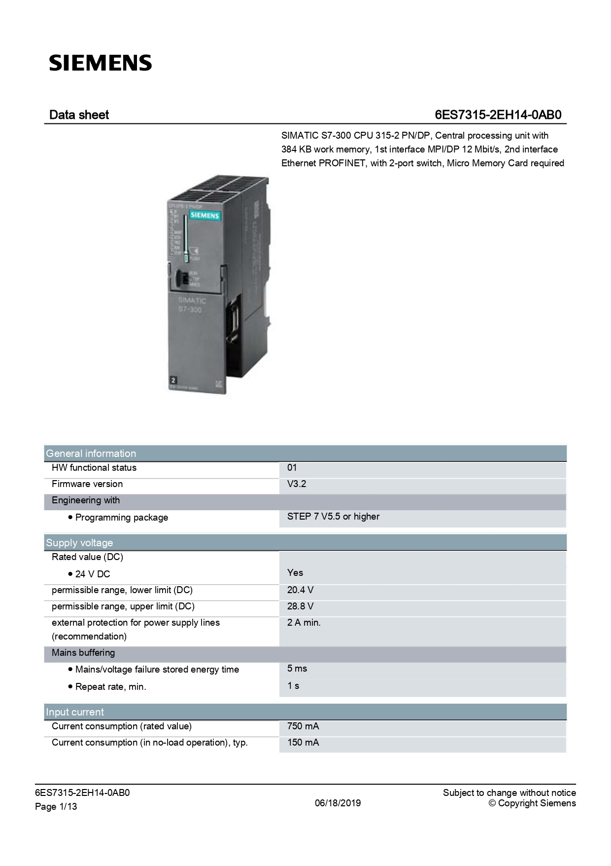 6ES7315-2EH14-0AB0 SIMATIC S7-300 CPU 315-2 PN/DP, Central processing unit