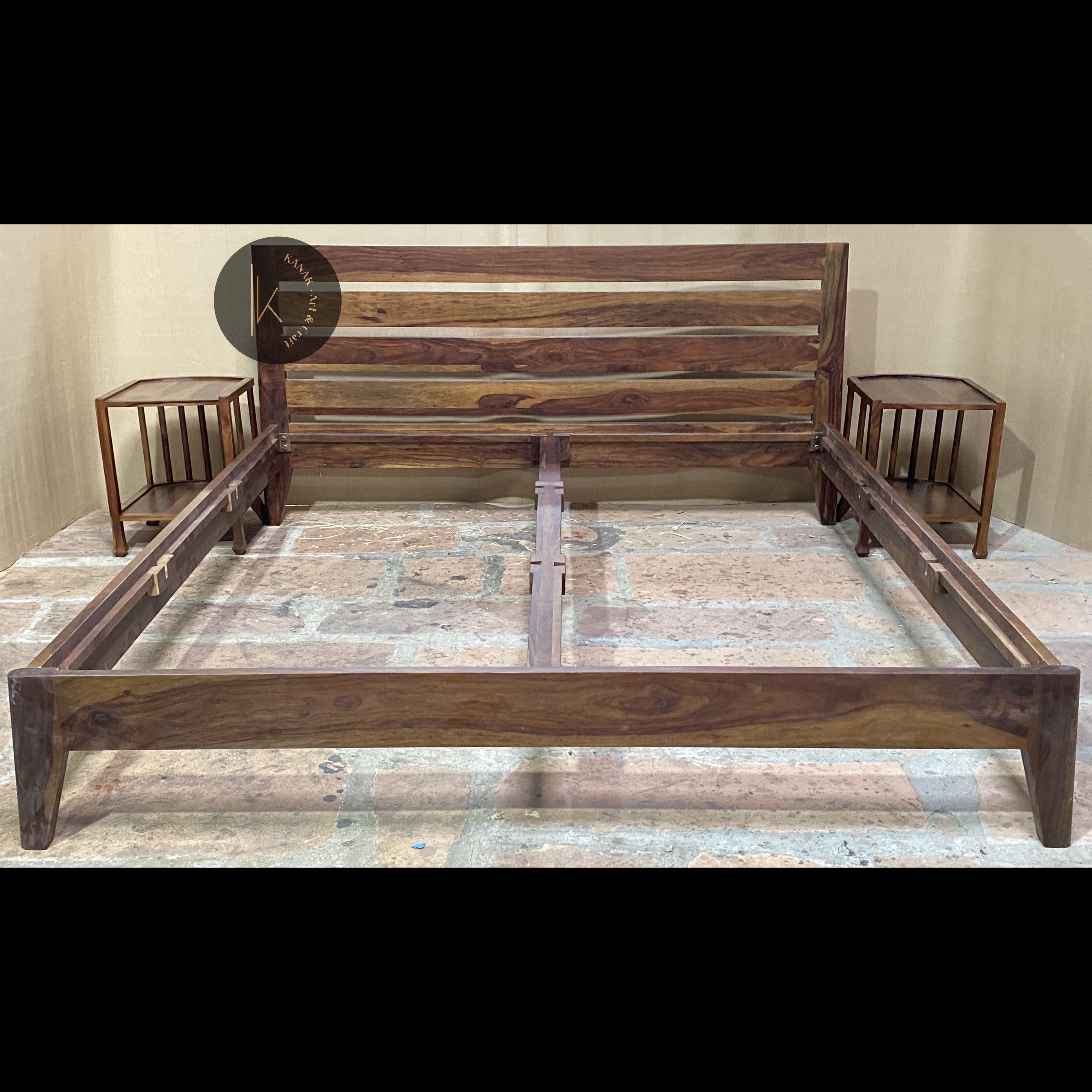 Wooden Bed With Side Table - Artwork: Crafted