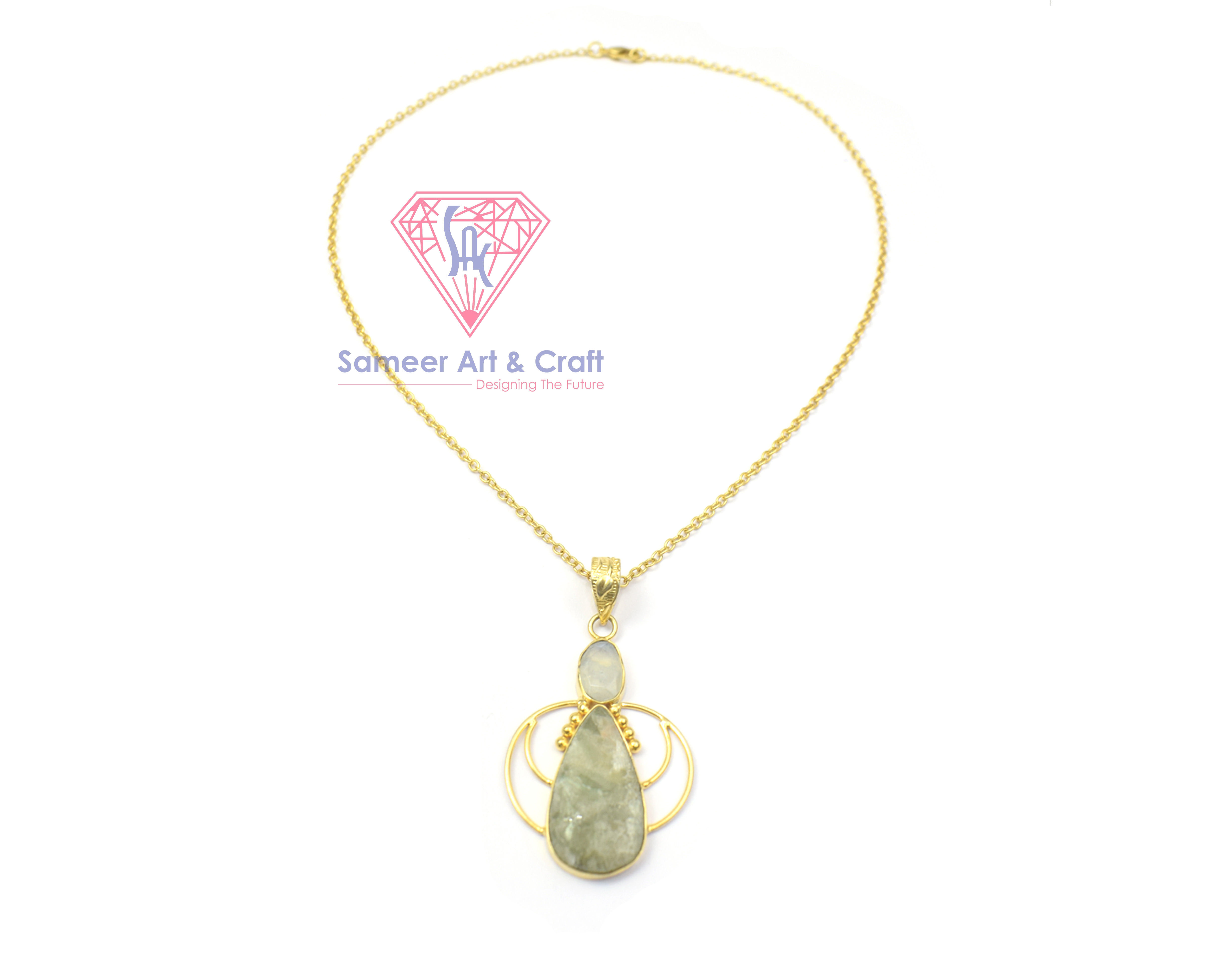 Aquamarine And Rainbow Moonstone Gemstone With Gold Plated Handmade Pear Shape Chain Pendant