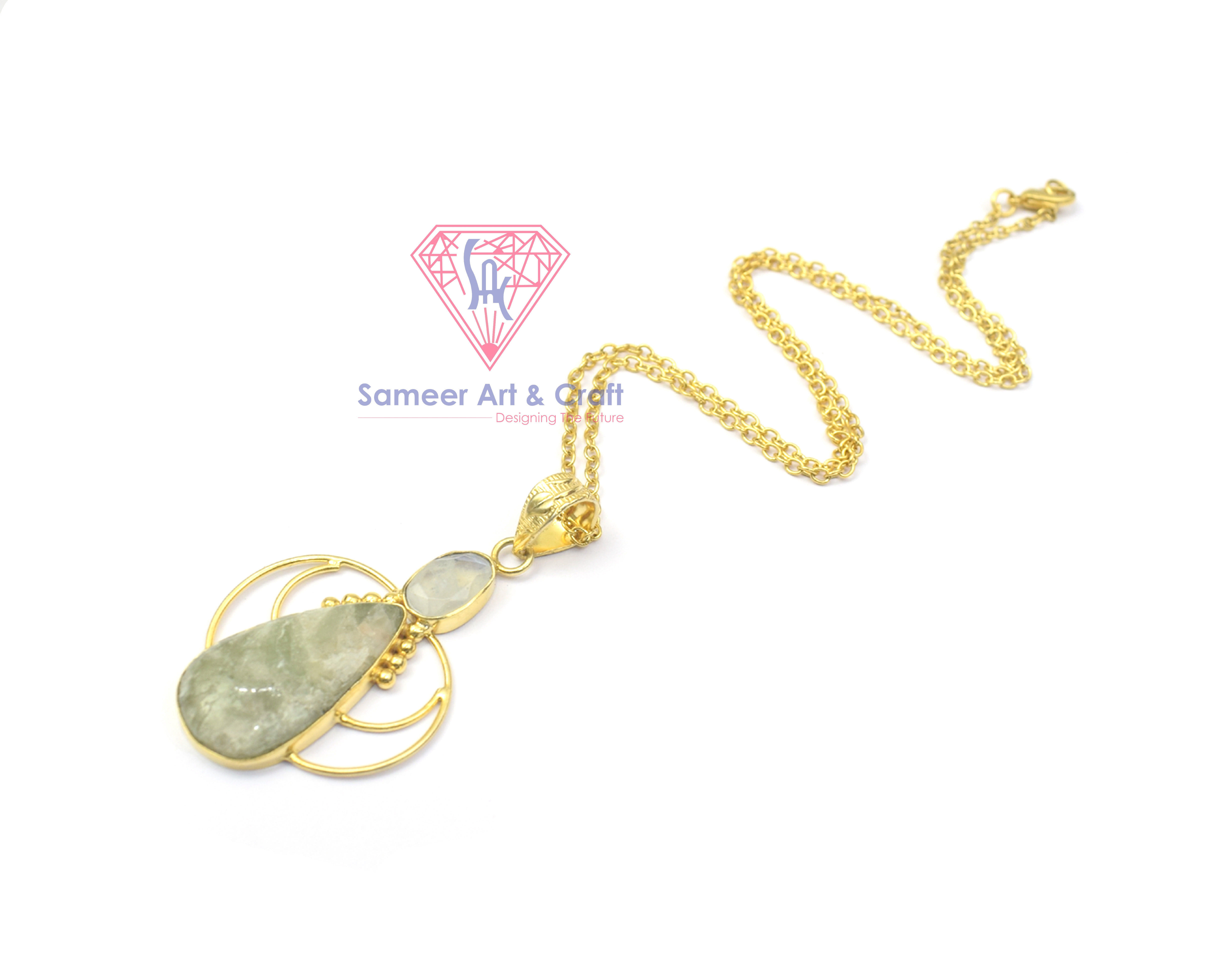 Aquamarine And Rainbow Moonstone Gemstone With Gold Plated Handmade Pear Shape Chain Pendant