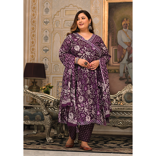 Purple Cotton Angrakha Kurta Pant Dupatta Set
