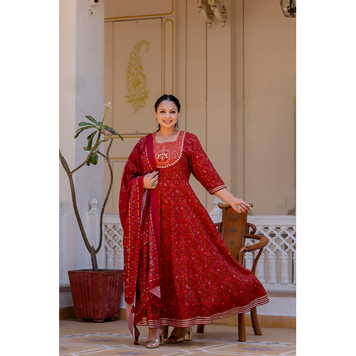 Maroon Cotton Embroidered Anarkali Kurta and Dupatta Set