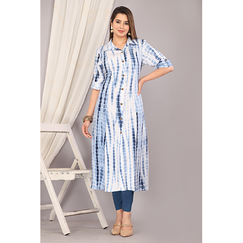 Blue Rayon Dyed-Ombre Frontslit Kurta