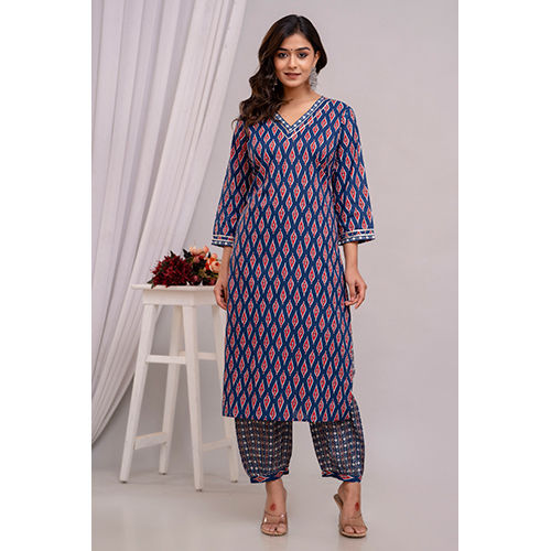 Blue Pure Cotton Kurta Pant Set - Color: Multicolor