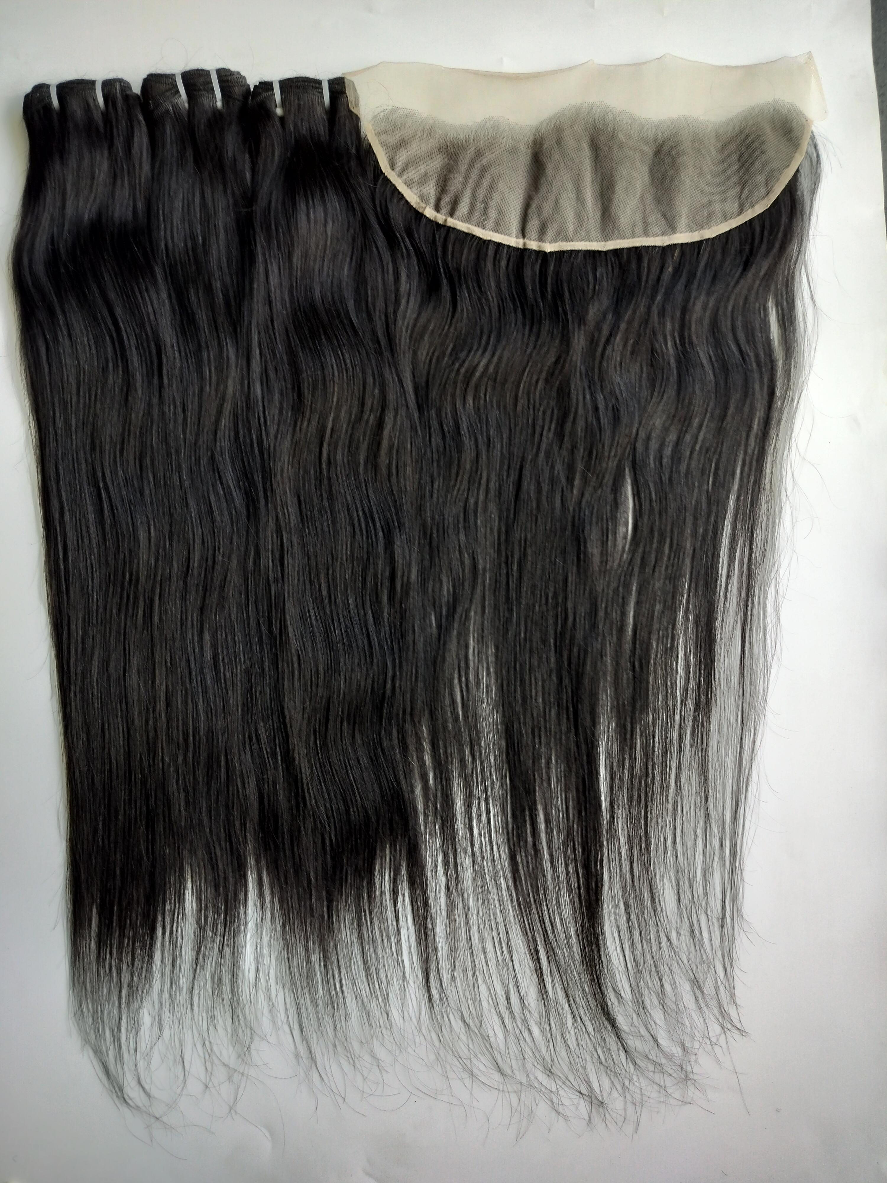 Raw Indian Unprocessed Natural Straight Human Hair Bundles with matching Transparent Lace Frontal