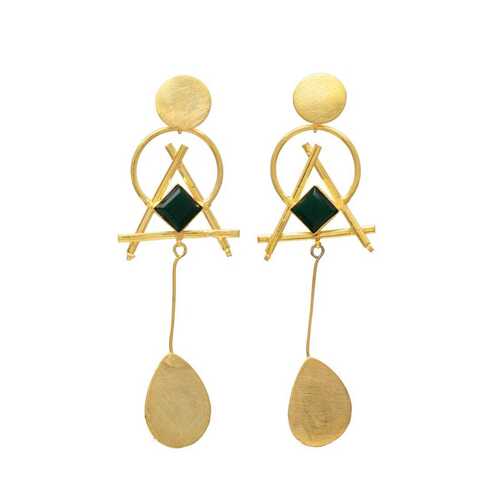 new arrival golden dangle earring with green onyx gemstone