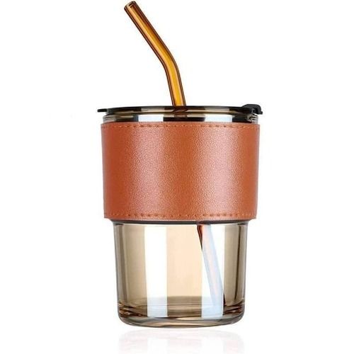 Mitsico Glass Tumbler Travel Cold Coffee Shaker with Spill Proof Clear Lid and Straw Hot Breakfast Tea Cup Milk Shake Mug Adult Juice Bottle for Car, Office (Leather Grip Sleeve Sipper)