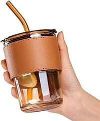 Mitsico Glass Tumbler Travel Cold Coffee Shaker with Spill Proof Clear Lid and Straw Hot Breakfast Tea Cup Milk Shake Mug Adult Juice Bottle for Car, Office (Leather Grip Sleeve Sipper)