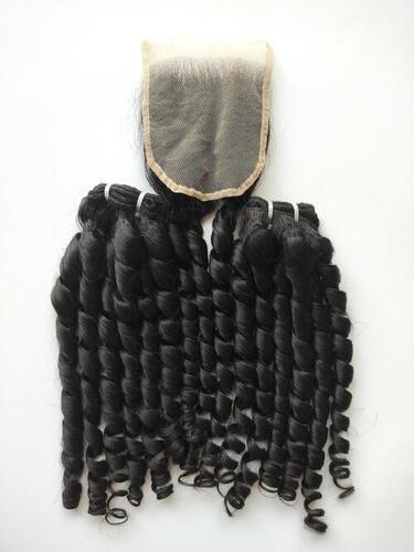 Indian Roll Curly Machine Weft Human Hair Extension Bundles With Lace Closure - Color: Natural Color