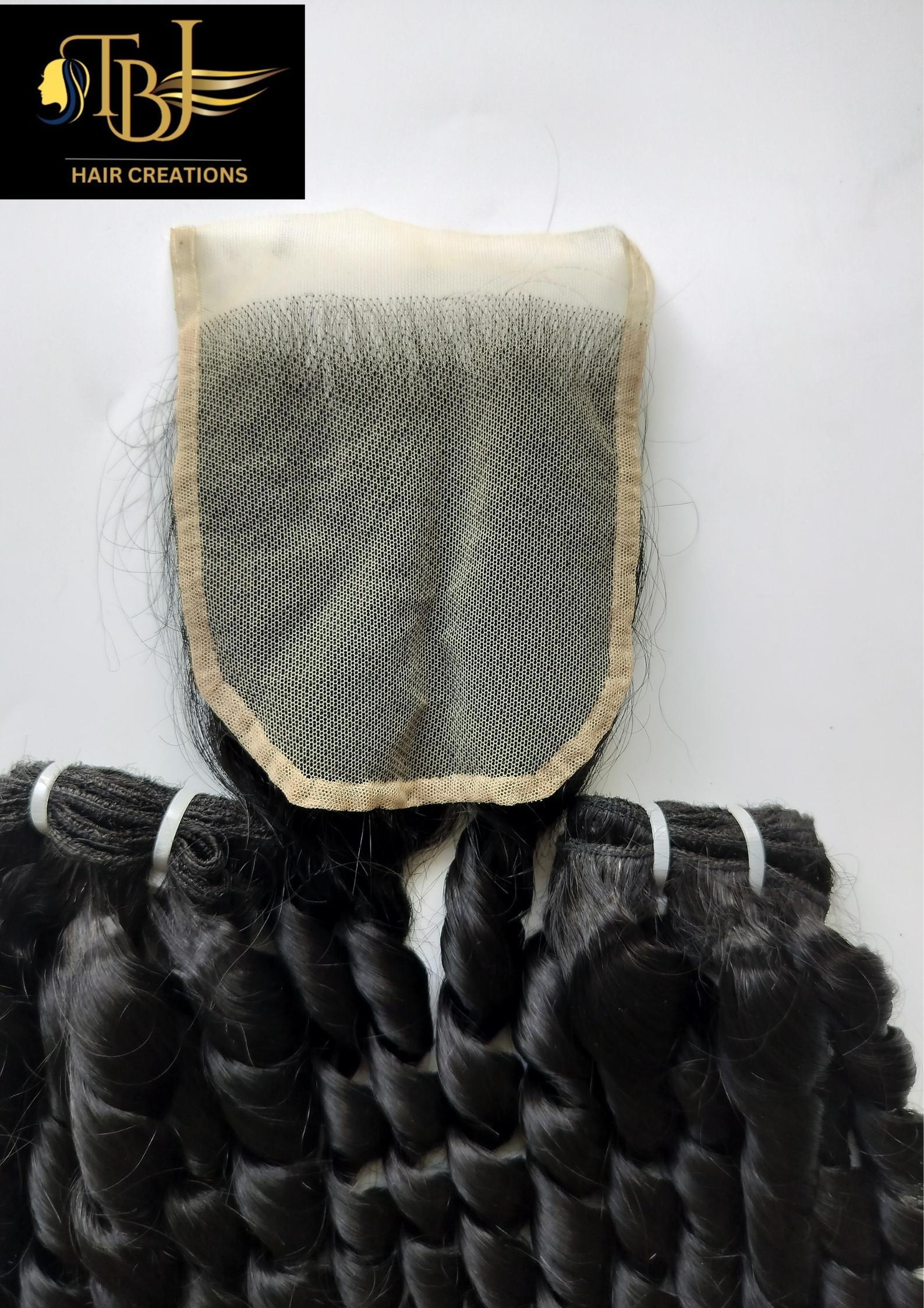 Indian Roll Curly Machine Weft Human Hair Extension Bundles with Lace Closure