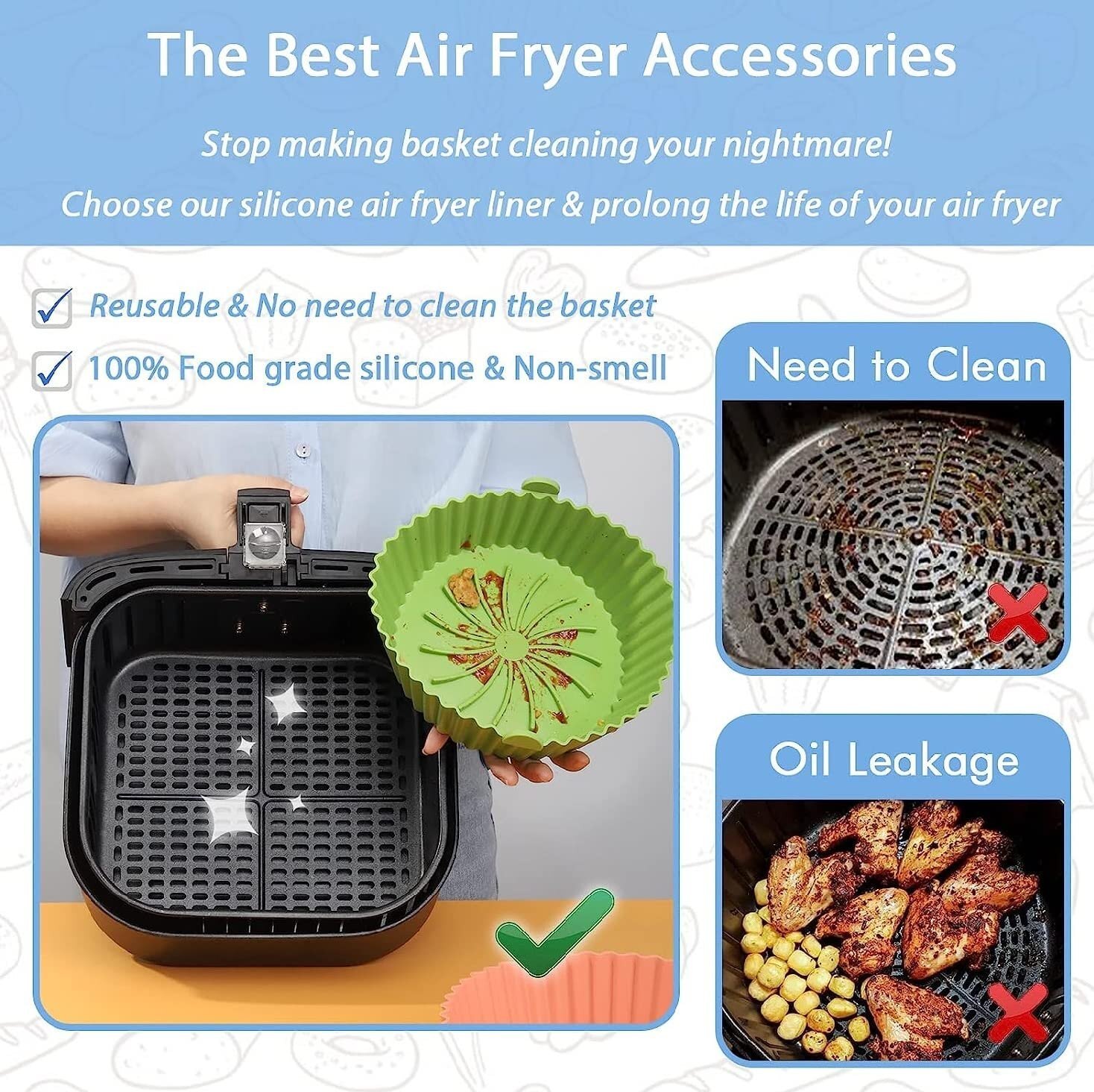 Mitsico 5.5 Inch Silicone Baking Tray With Handles Nonstick Reusable Air Fryer Basket