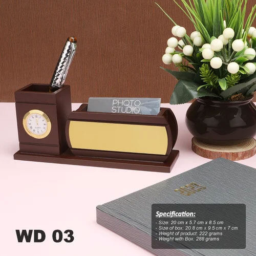 Wd03 Brown Wooden Desk Top Table Top Gift Item With Clock - Size: 20 X 5.7 X 8.5 Cm