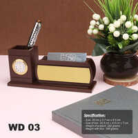 Wd03 Brown Wooden Desk Top Corporate Gift Set - Leatherrete 3 Pc In 1 Wallet, Pen, And Keychain | Handmade, Black Box Packaging With Sponge 20 X 20 Cm