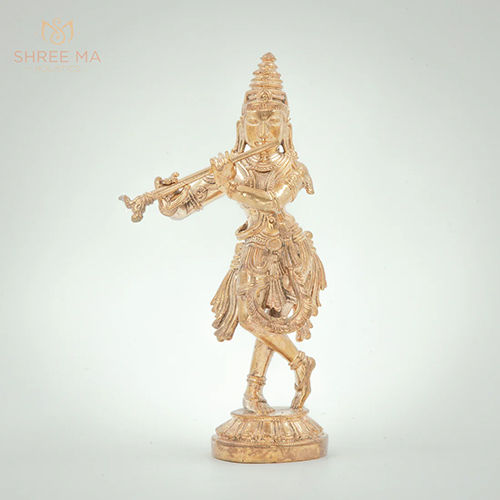 7 Inches Bellur Krishna Panchalogam Bronze Idol - Color: Golden