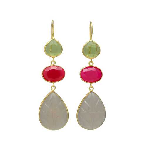 New arrival long peridot hydro and pink chalcedony gemstone earrings