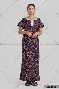 Cotton Neck Chape Nighty (gk1005) - Cotton, Plus Size, 4 Colors | Printed Design, Short Sleeves, Suitable For All Seasons