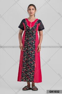 A-line Cut Nighty (gk1032) - Cotton Plus Size Nightshirt, 4 Colors Available, Short Sleeve, Printed Pattern For All Seasons