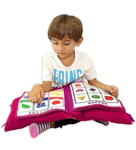 Mitsico Kid's Soft Learning Cotton Pillow Book with English and Hindi Alphabets, Numbers, Animals Names and Pictures & Colors for Kids Velvet Cushion Book