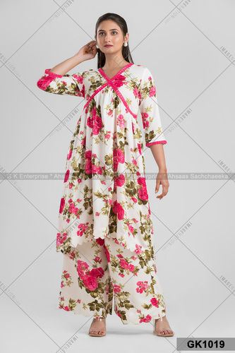 Ivory Kurta in Cotton Mall Base, floral print with matching Plazzo Pant (GK1019)