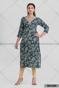 Cotton V Neck Kurti With Stone Works (gk1030) - Color: Single