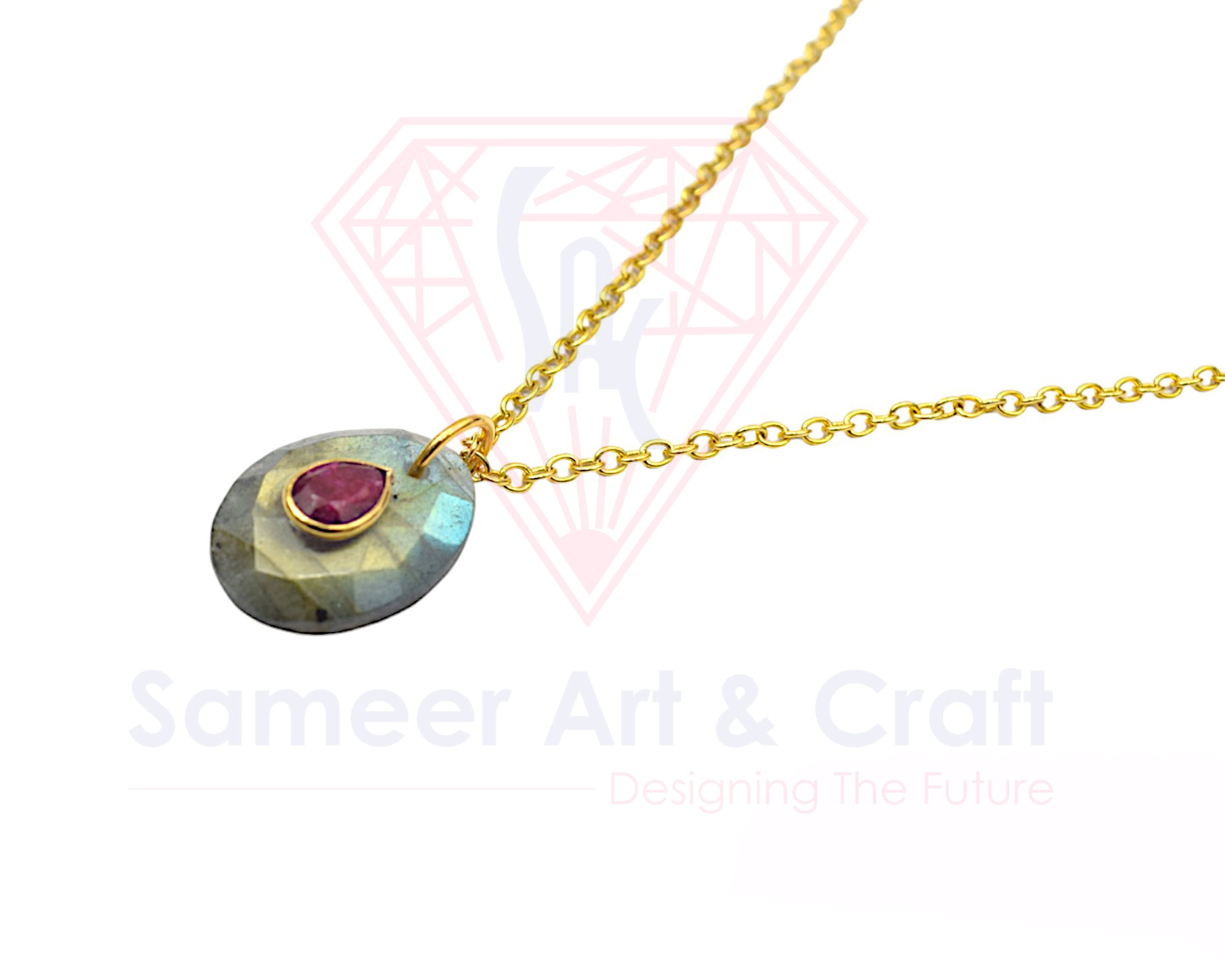 Natural Gemstone With Gold Plated Handmade Oval Shape Pendant